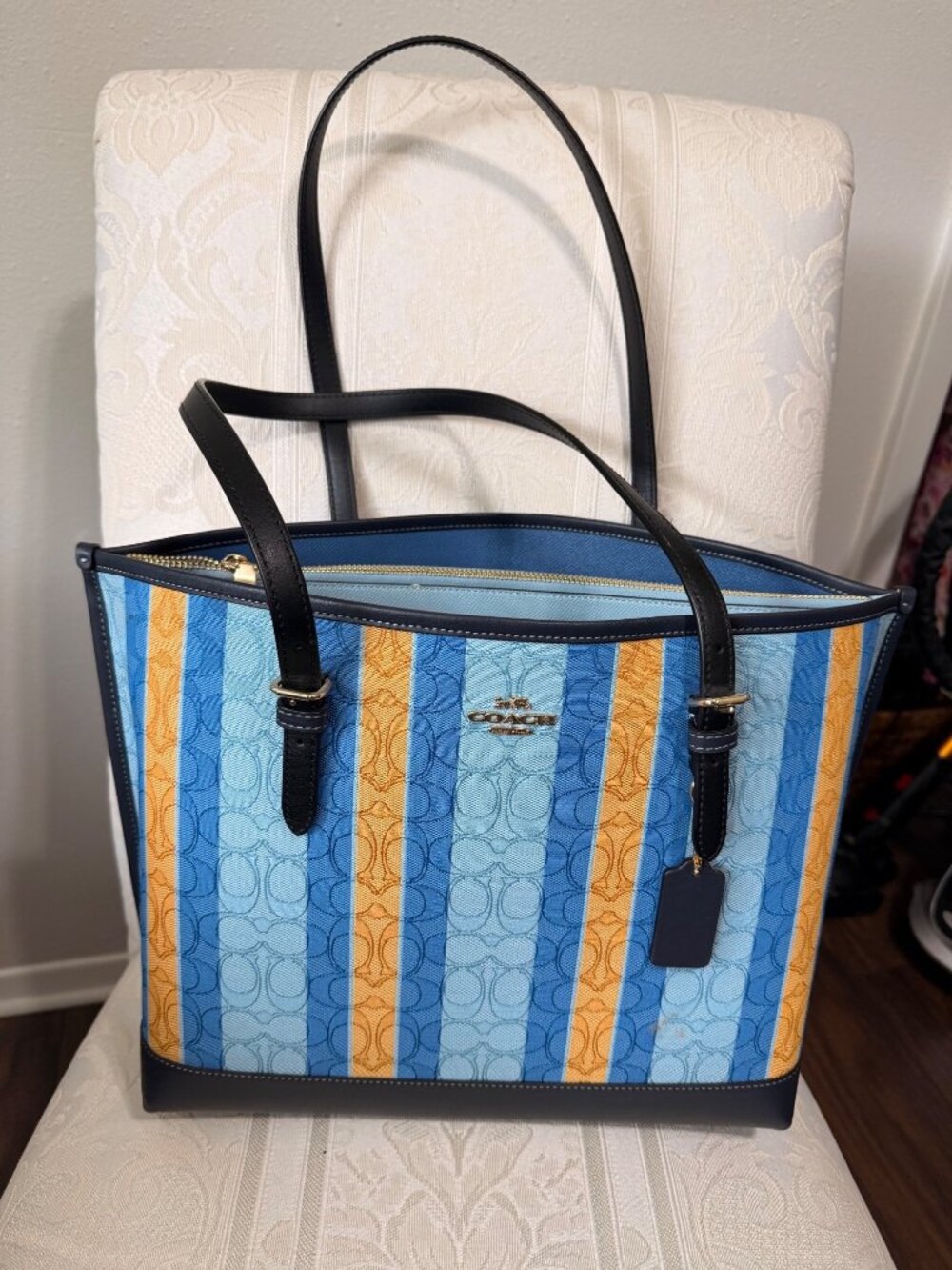 Coach Gallery Tote Blue Yellow Signature Stripe Canvas C4088-2140